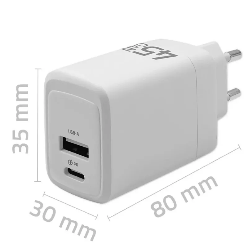 Ładowarka GaN 45W 5V 20V 1.5A 3A, 1xUSB C PD, 1xUSB A