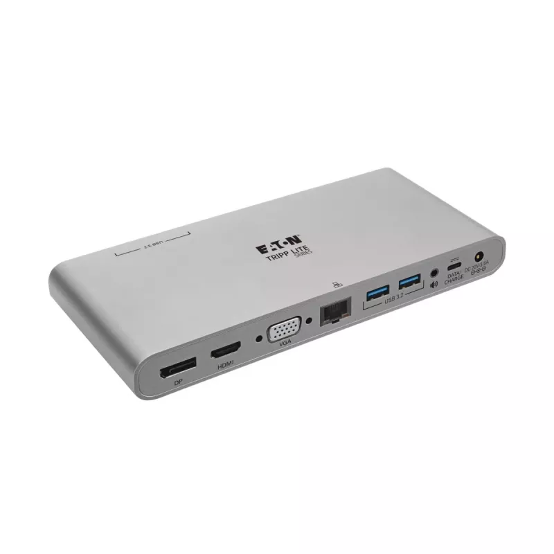 Stacja dokująca Eaton Tripp Lite USB-C, potrójny wyświetlacz - 4K HDMI/DisplayPort, VGA, USB 3.2 Gen 1, hub USB-A/USB-C, GbE, ładowanie 100W PD, międzynarodowe kable zasilające