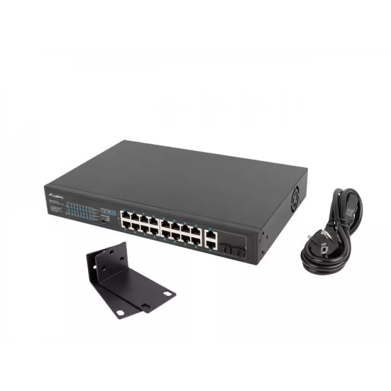 Niezarządzalny przełącznik LANBERG RSFE-16P-2C-250 — 18-portowy Gigabit, 16x PoE+ (30W), 2x SFP, 250W, 1U, metal, montaż w szafie