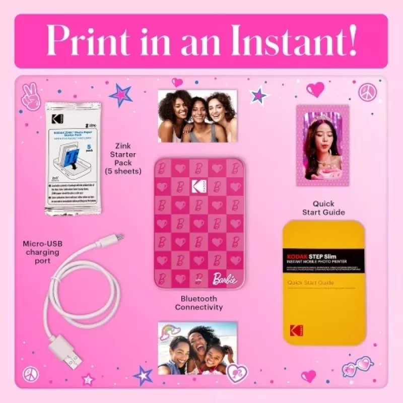 Barbie x Kodak STEP Slim Przenośna Drukarka Zdjęć Kolor ZINK 2x3'' 1ppm, Bluetooth, Różowy