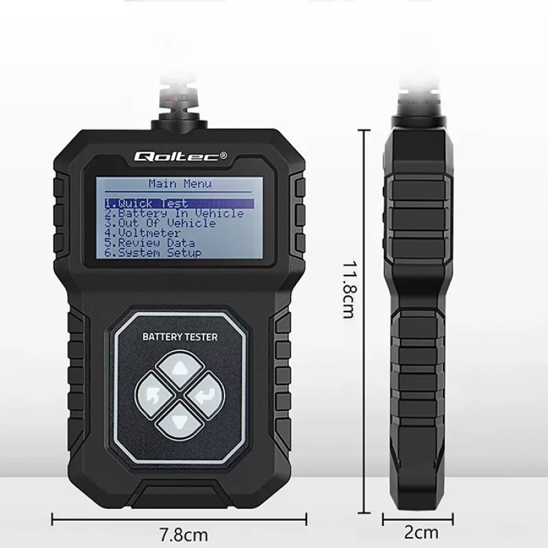 Cyfrowy tester akumulatorów Qoltec z wyświetlaczem LCD | Menu w języku polskim | 12V | AGM | GEL | STD | 30-220AH