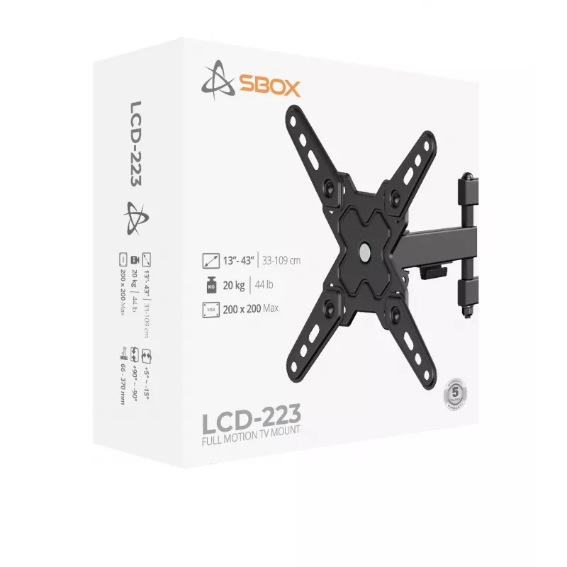 Uchwyt ścienny SBOX LCD-223-2 do ekranów 13–43 cali, maks. obciążenie 20 kg, VESA do 200x200