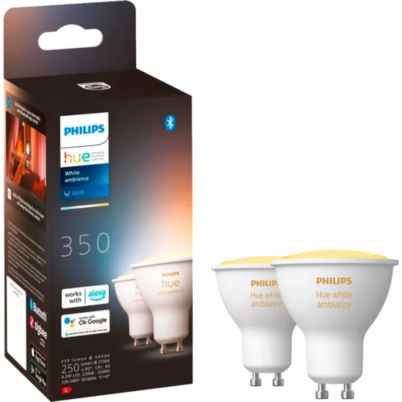Zestaw dwóch lamp LED GU10 z mostkiem Hue Bridge – Philips Hue biały Ambiance, zamiennik 35 W