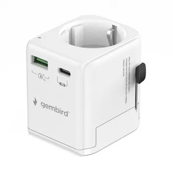 Uniwersalna ładowarka podróżna GEMBIRD TPA-EU1A1C20-01-W 20W, USB-A 18W + USB-C 20W, gniazdo Schuko, wejście 100–250V
