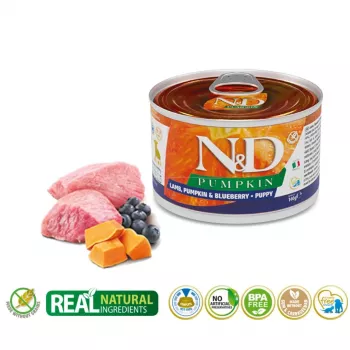 Mokra karma dla psa Farmina N&D Puppy Lamb Pumpkin Blueberry 140 g saszetka, dla ras małych (5–10 kg), 12% białka, 6% tłuszczu, 75% wilgotności