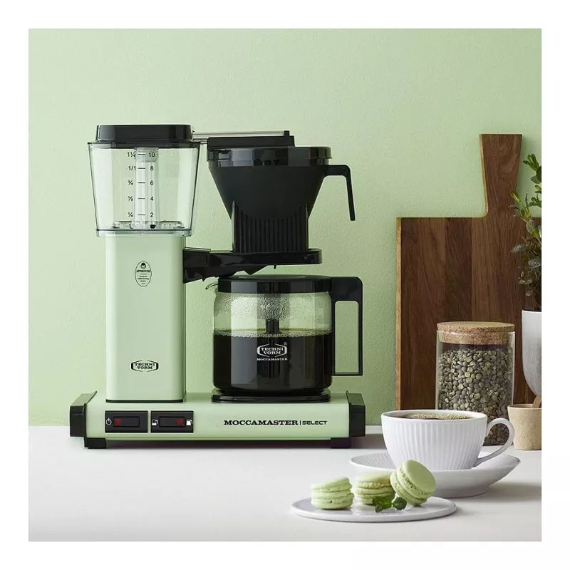 Ekspres przelewowy MOCCAMASTER KBG Select — zbiornik na wodę 1,25 l, pojemność 10 filiżanek, stal nierdzewna, pastelowa zieleń