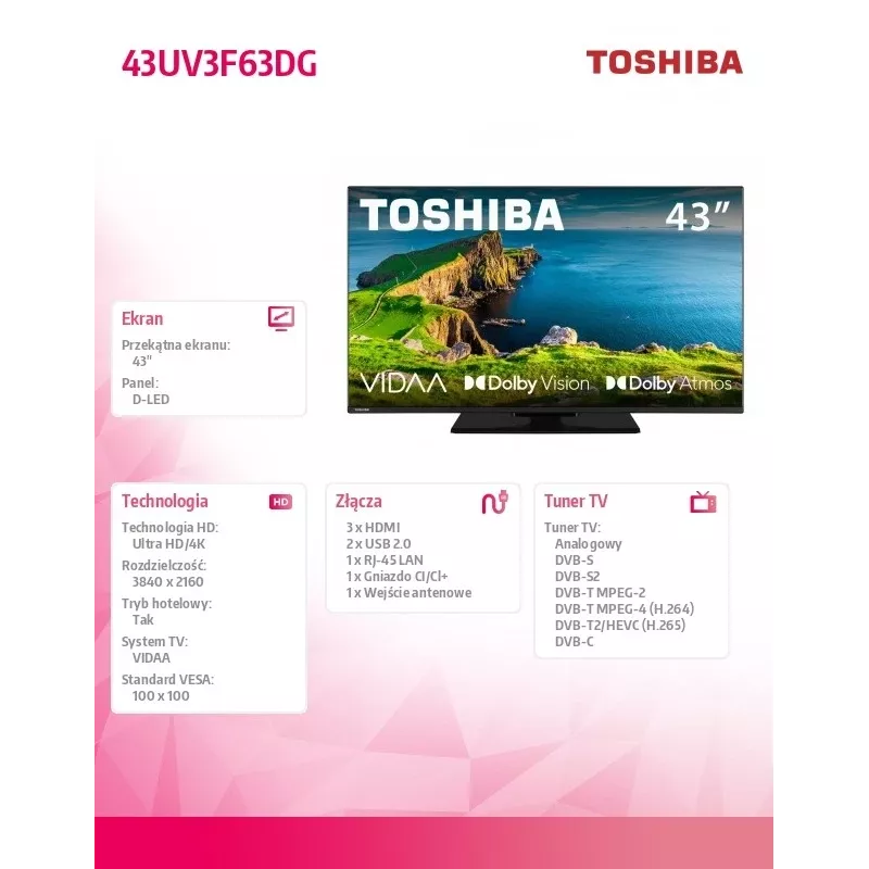 TV LED 43UV3F63DG 43-calowy wyświetlacz LED rozdzielczość 4K