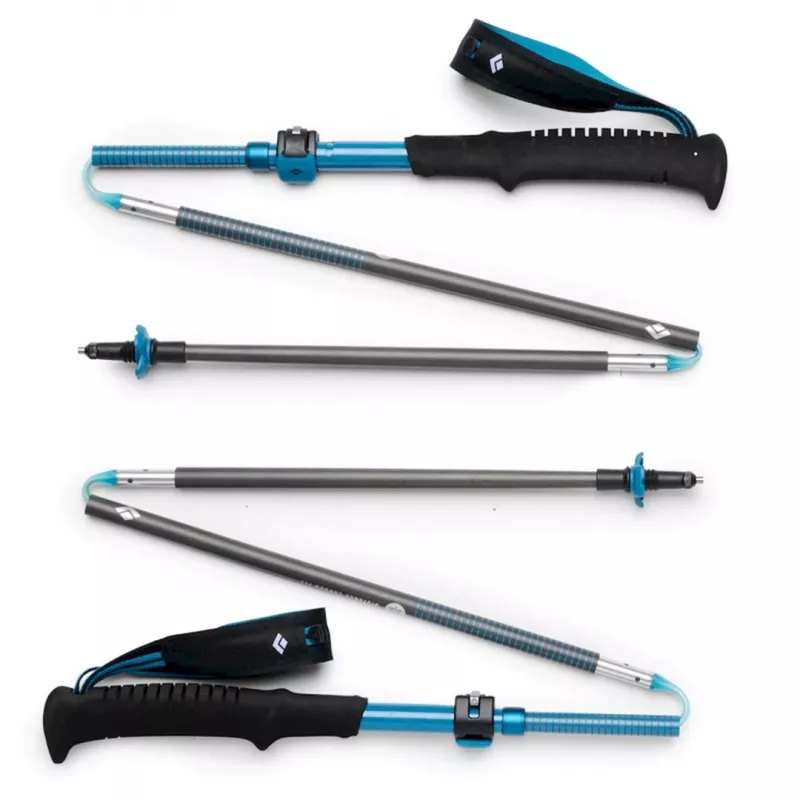 Kijki trekkingowe Czarny Diamond Distance Carbon FLZ — składane z włókna węglowego, regulowane 125–140 cm, 3-segmentowe, 364 g, po złożeniu 40 cm