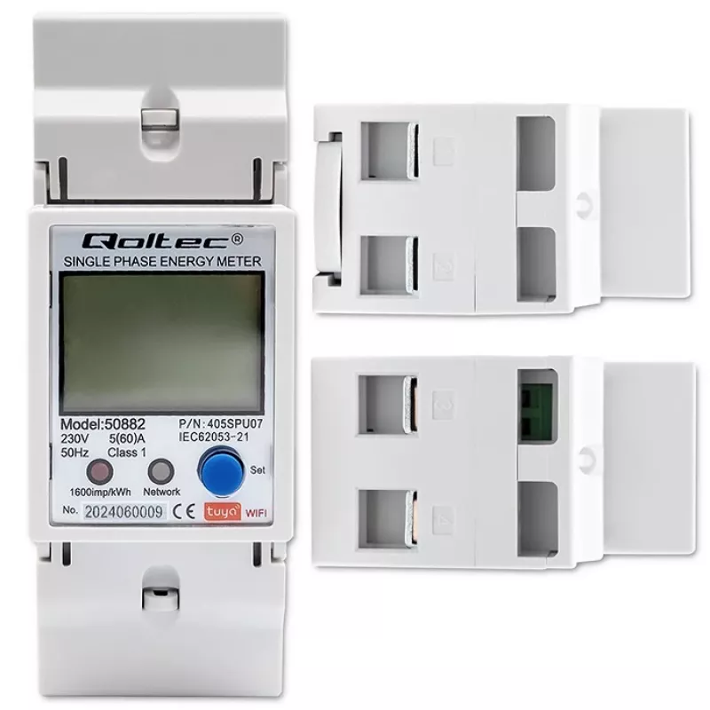 Qoltec 50882 Jednofazowy elektroniczny licznik zużycia energii na szynę DIN | Wi-Fi | TUYA | 230V | LCD