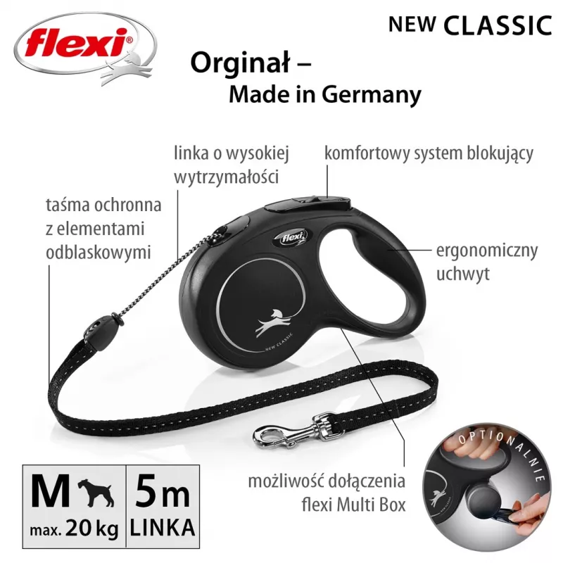 Smycz automatyczna Flexi Classic 5 m Czarna dla psów średnich, linka, maks. obciążenie 20 kg, elementy odblaskowe