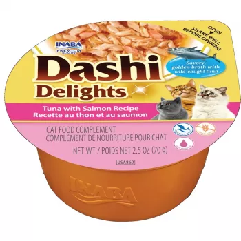 Mokra karma dla kota INABA Dashi Delights Tuńczyk z łososiem, 70 g, karma uzupełniająca, 90% wilgotności, bezglutenowa i bez soi