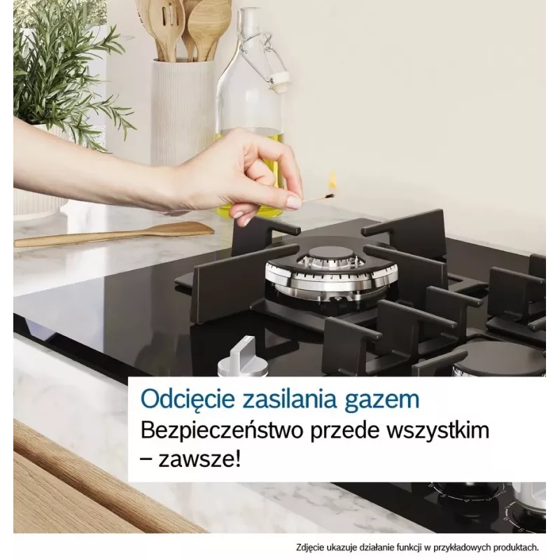 Wolnostojąca płyta gazowa Bosch Serie 2 POP6B6K30 60 cm, 4 strefy gazowe, czarne szkło hartowane, pokrętła