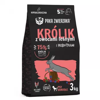 sucha karma dla psów PAKA ZWIERZAKA Rabbit with Forest Fruits S 3 kg — dorosłe psy małych i średnich ras, 29% białka, 16% tłuszczu, bez glutenu i soi