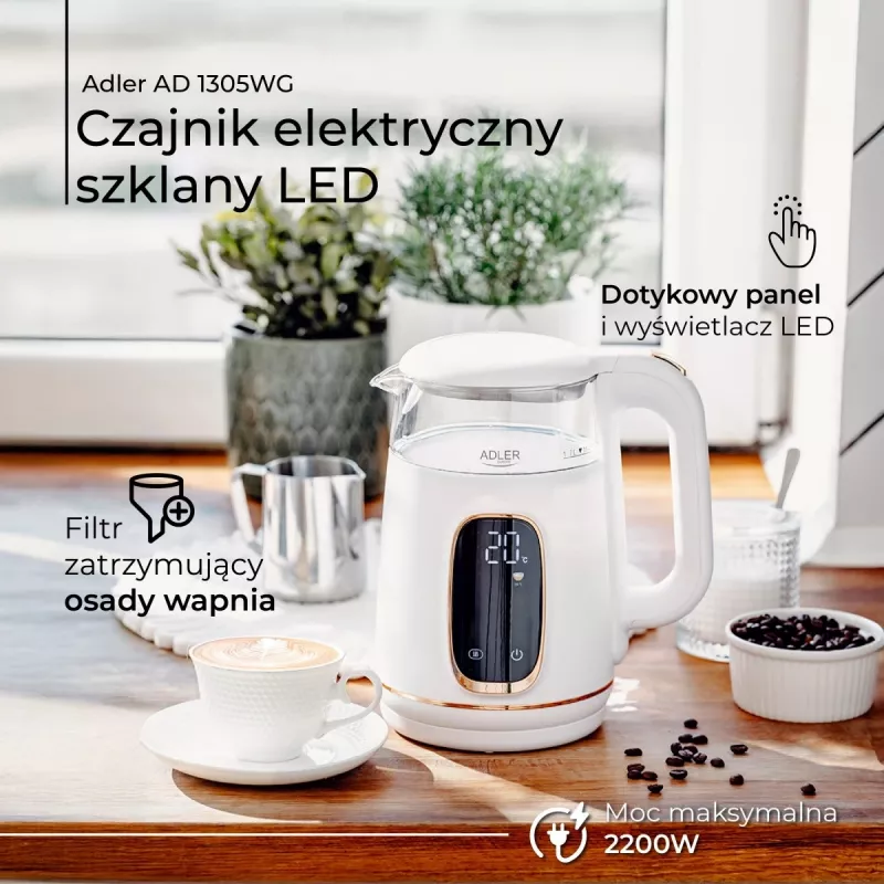 Czajnik elektryczny Adler AD 1305WG — 1,7 l, 2200 W, szkło/tworzywo sztuczne, biały/złoty/przezroczysty