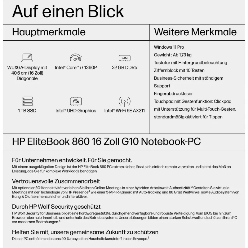 HP EliteBook 860 G10 Notebook - Intel Core i7 1360P / 1.9 GHz - Evo - Win 11 Pro - Intel Iris Xe Grafikkarte - 32 GB RAM - 1 TB SSD NVMe, TLC - 40,64 cm (16)