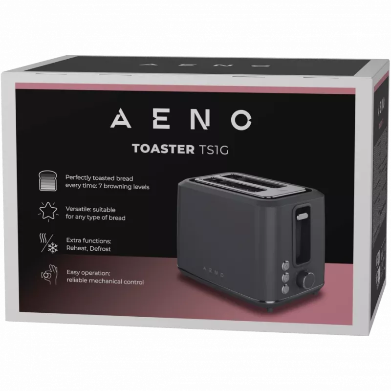 Toster elektryczny AENO ATS0001G — 2-szczelinowy, 220–240 V 50–60 Hz, 920–1080 W, 3 tryby, 7 poziomów opiekania, szary
