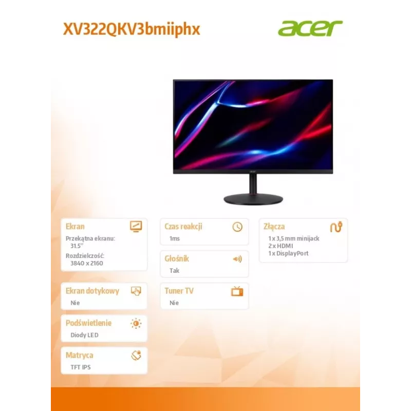 Monitor 32 cali XV322QKV3bmiiphx IPS 160Hz UHD 4K 0,5/350cd/m2 HDMIx2 DP GŁOŚNIK H:090