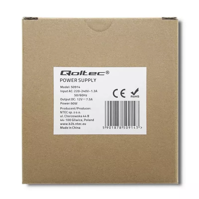 Zasilacz na szynę DIN Qoltec 50914 | 90 W | 12 V | 7,5 A | Biały | cienki