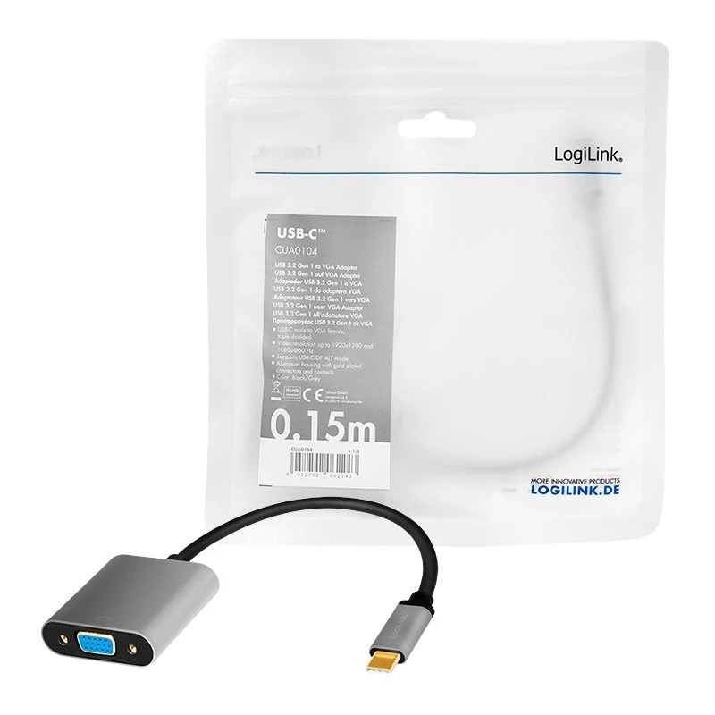 adapter kablowya wideo USB Type-C do VGA (D-Sub) LOGILINK CUA0104 0,15 m, szary/czarny