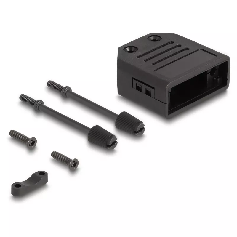 Osłona na kabel DELOCK obudowa D-Sub dla 9-pin męski/żeński, plastik z odciążeniem naprężeń, 33,3×33,8×14,8 mm, czarna