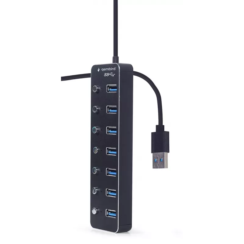Koncentrator USB Gembird UHB-U3P7P-01, 7-portowy USB 3.2 Gen 1 (Type-A), kabel 0,24 m, czarny