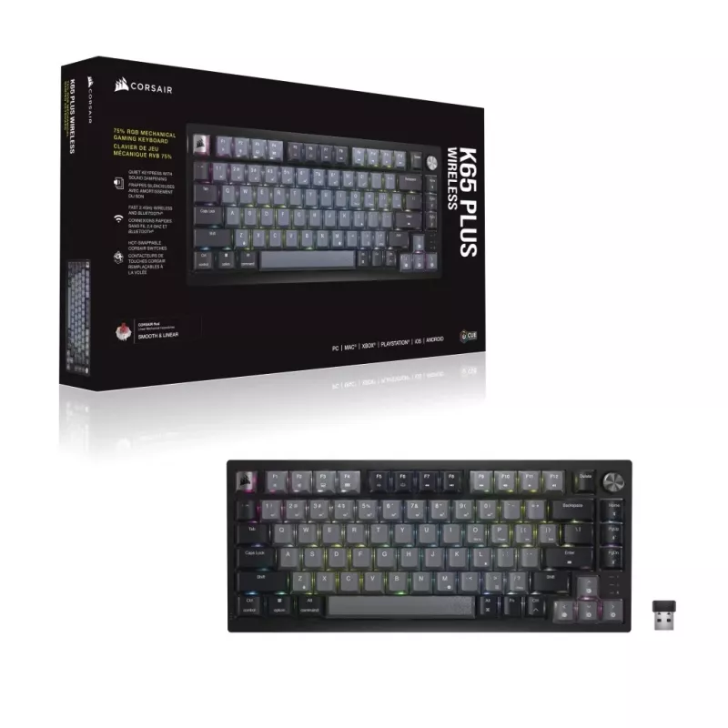 Mechaniczna klawiatura gamingowa CORSAIR K65 PLUS Wireless — Nordic Czarny, kompaktowy układ, USB Type-A