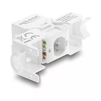 Moduł Keystone DELOCK RJ45 na LSA Cat.6 UTP beznarzędziowy z osłoną przeciwpyłową, płaski, 16×31,8×19,4 mm, biały/czarny