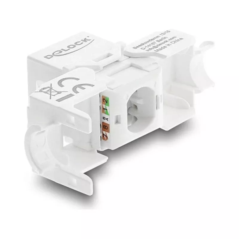 Moduł Keystone DELOCK RJ45 na LSA Cat.6 UTP beznarzędziowy z osłoną przeciwpyłową, płaski, 16×31,8×19,4 mm, biały/czarny