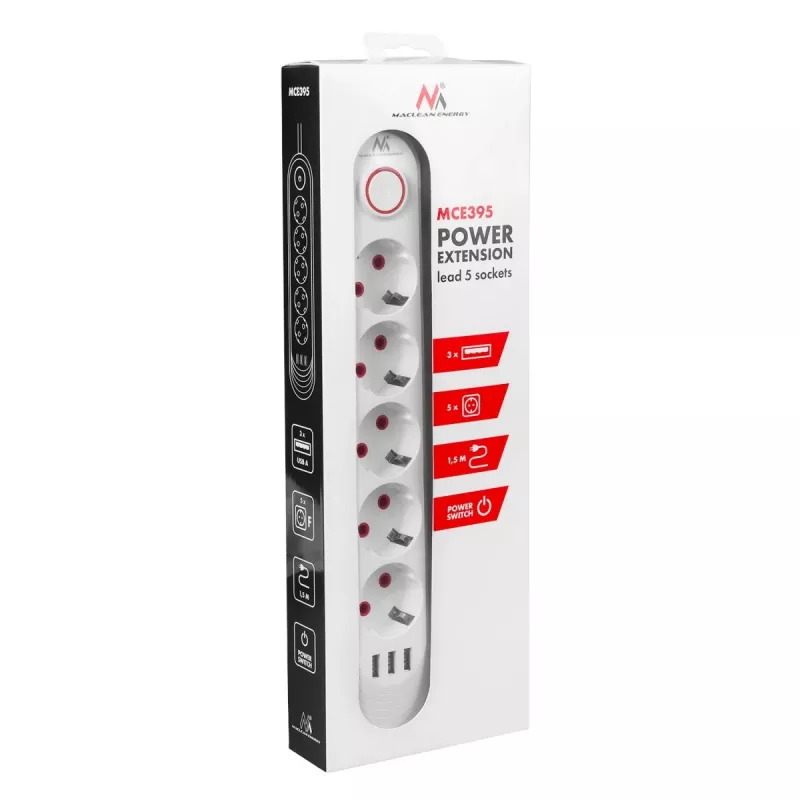 Listwa zasilająca MACLEAN MCE395 W — 5 gniazd, 3× USB A, 110–240 V AC, 2,1 A USB, maks. 2500 W, biała, kabel 1,5 m