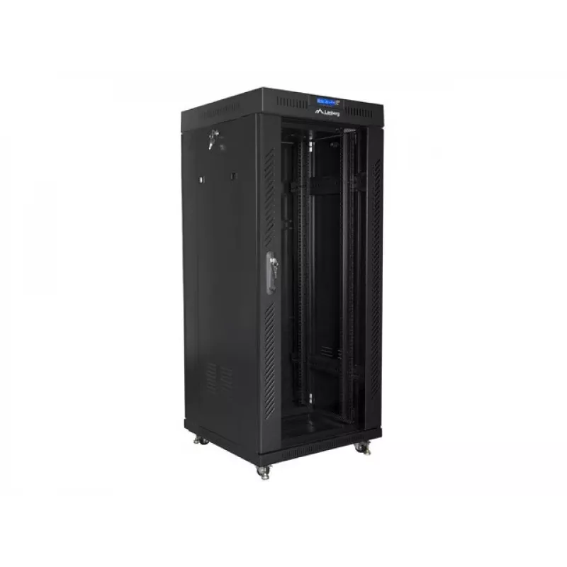 Szafa rack wolnostojąca LANBERG FF01-6627-12BL 19 cali 27U 600x600 mm szklane drzwi, udźwig 800 kg
