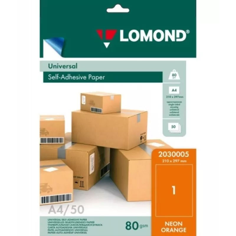 Lomond Samoprzylepny Papier Uniwersalne Etykiety, 1/210x297, A4, 50 arkuszy, Pomarańczowy neon