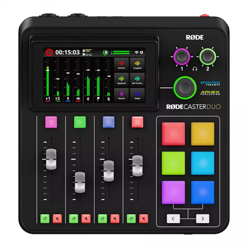 Kontroler studyjny RØDE Caster Duo Czarny — 2 combo XLR/TRS, 2 wyjścia liniowe TRS, 48 kHz, 24-bit, ekran dotykowy, Wi‑Fi, Bluetooth
