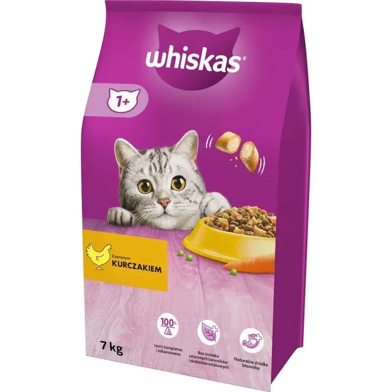 Sucha karma dla kota Whiskas Adult z kurczakiem 7 kg — suchy granulat dla kotów dorosłych, 30,8% białka, 12% tłuszczu