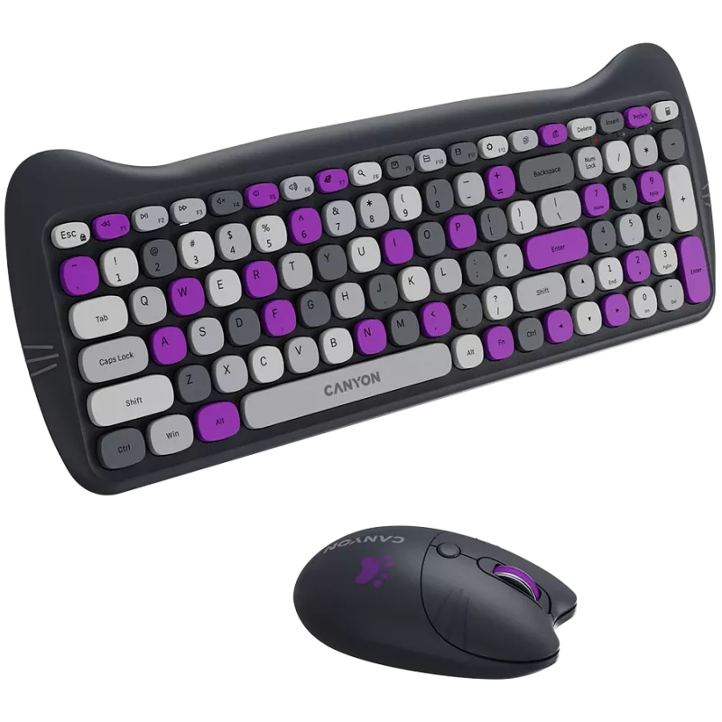 Bezprzewodowy zestaw klawiatura i mysz CANYON HSET-W6 Kitty Edition – fioletowy