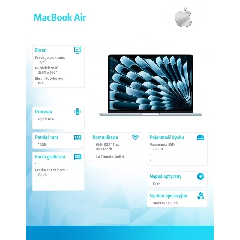 Apple MacBook Air 13-calowy: układ M4 z 10-rdzeniowym CPU i 8-rdzeniowym GPU, 16 GB, 256 GB SSD – Sky Blue
