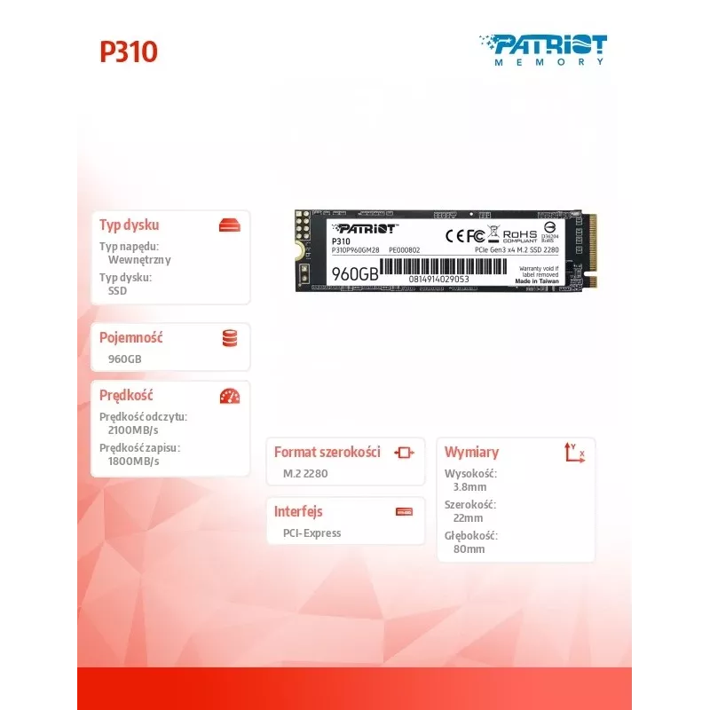 SSD drive Patriot Memory 960GB M.2 PCI Express 4.0 NVMe P310P960GM28