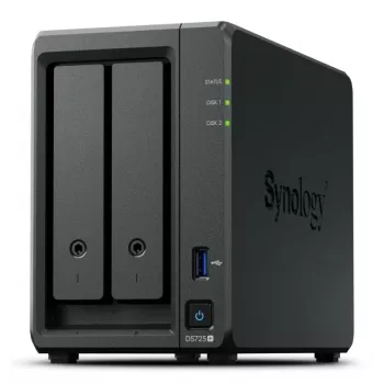 NAS Synology DiskStation DS725+ 2-zatokowy Ryzen R1600 4GB DDR4 ECC, 2.5GbE, 2x M.2, obsługa RAID, 0TB, Czarny