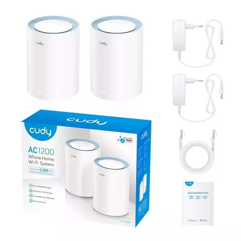System mesh Cudy M1200 2-pak — Dwuzakresowe Wi‑Fi 5 (300/867 Mbps), 2 jednostki, 1 port LAN, obsługa 100 urządzeń