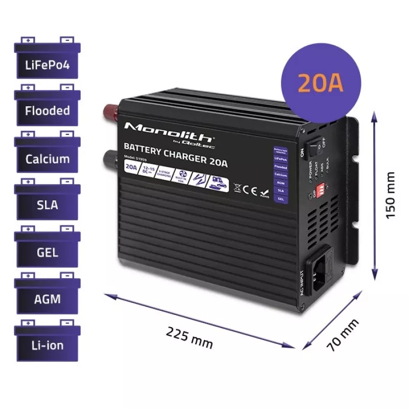 Ładowarka QOLTEC Monolith 20A 12V do akumulatorów LiFePO4, AGM, GEL, SLA