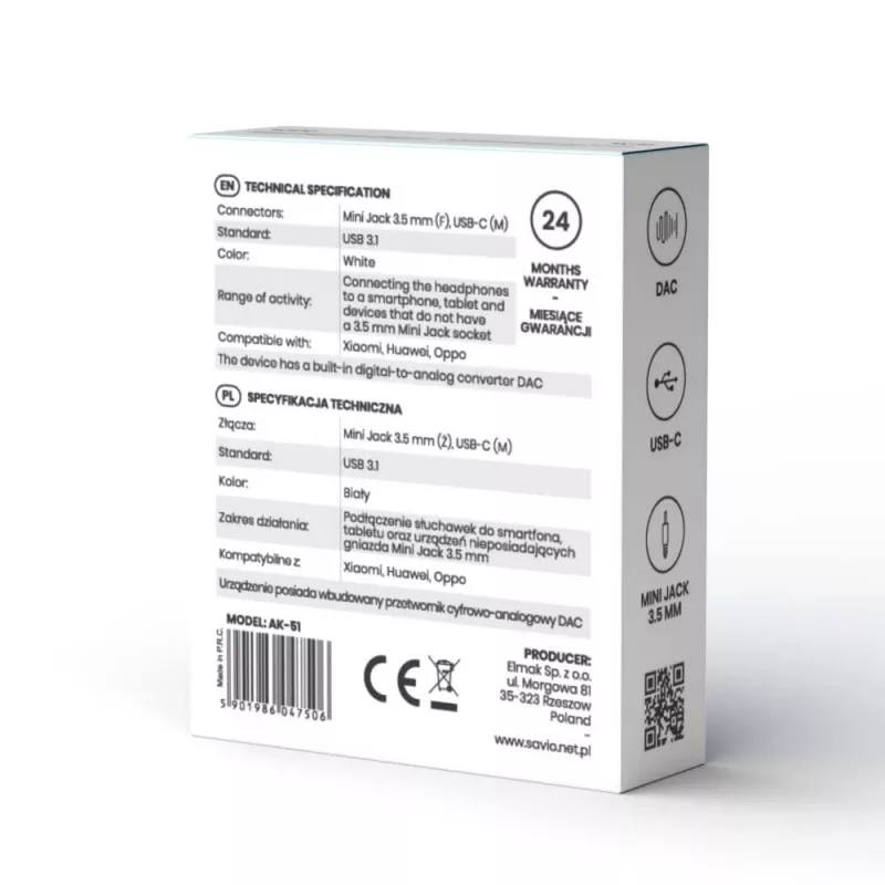 Adapter audio USB Type 3.1 C (M) – Jack 3,5mm (F) Biały SAVIO AK-51