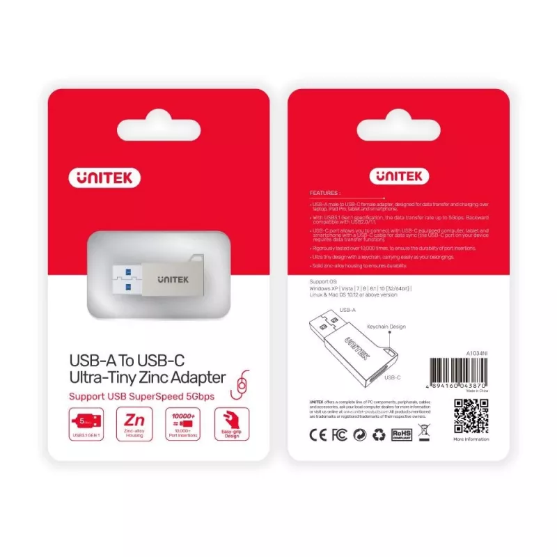 adapter złącza USB Type-A Unitek A1034NI, srebrny, USB 2.0/3.2 Gen1, do 5 Gbit/s, obudowa cynkowa, 36×16,7×5,7 mm