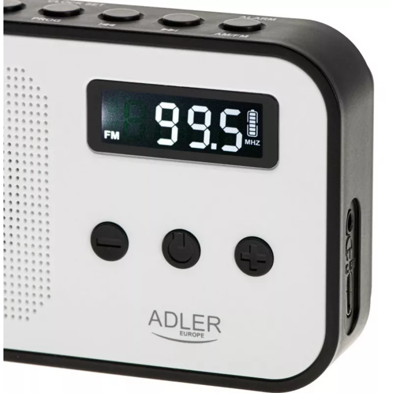 Przenośne radio cyfrowe Adler AD 1907 — AM/FM, tuner cyfrowy, alarm, USB-C, bateria 600 mAh, LCD, 20 ustawień, antena teleskopowa