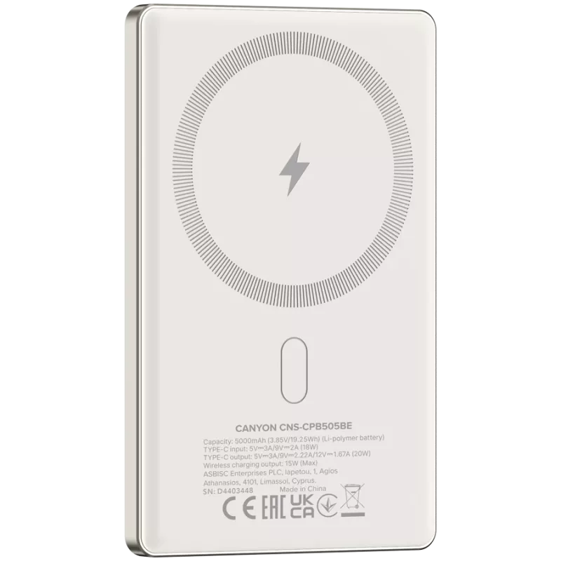 Canyon OnPower 505 - Powerbank - 5.000 mAh - wejście USB-C - wyjście USB-C PD 20W + ładowanie bezprzewodowe MagSafe 1