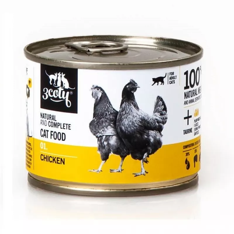 Karma mokra dla kota 3coty 01 Chicken 180 g — pełnoporcjowa dieta dla dorosłych kotów w puszce, białko 19%, tłuszcz 9%