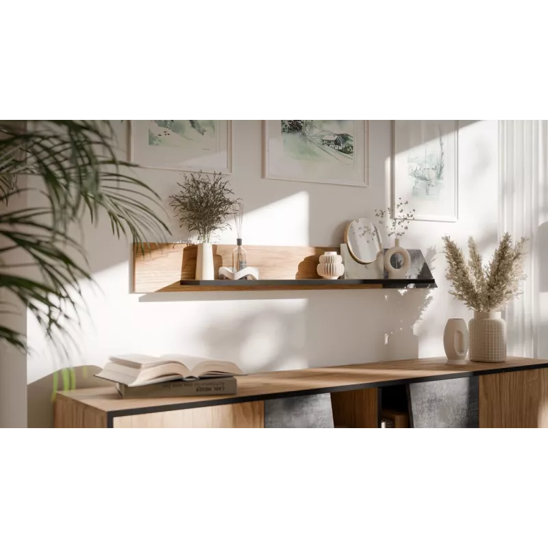 Półka wisząca cama meble OVO 1300×200×150 mm dąb/beton, płyta wiórowa, montowana na ścianie