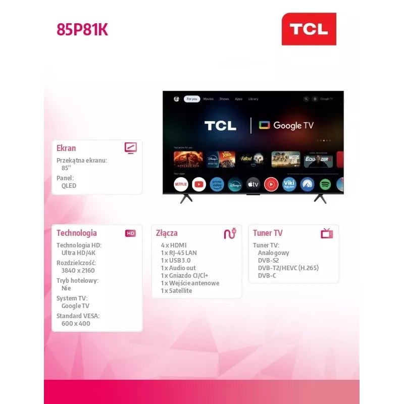 TV TCL 85P81K 85 cali QLED 4K, klasa energetyczna F
