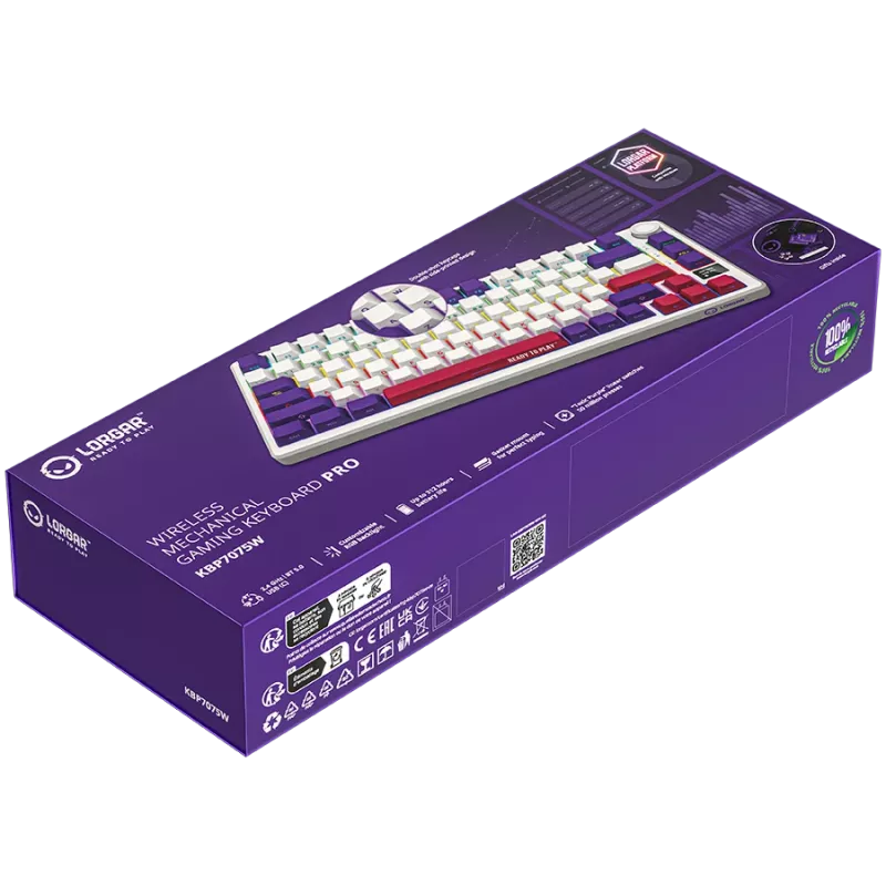LORGAR KBP7075W, Bezprzewodowa 75% Mechaniczna Klawiatura Gamingowa Pro, Biała, układ EN