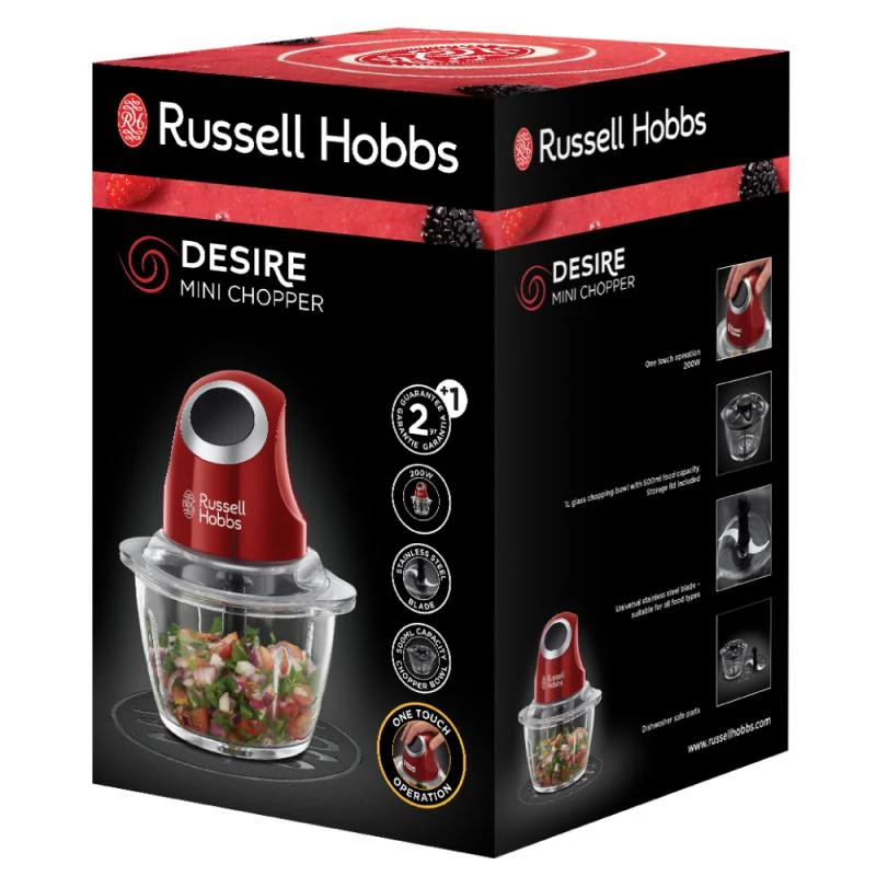 Elektryczny siekacz do żywności Russell Hobbs 24660-56 — szklana misa 1 L, 200 W, czerwony