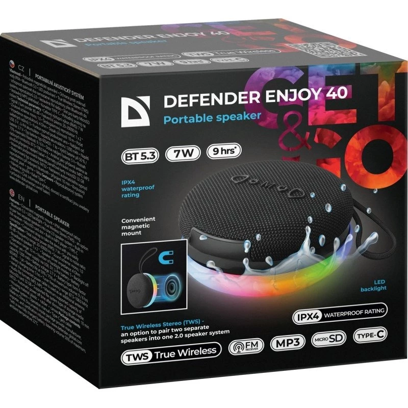 Przenośny głośnik Bluetooth DEFENDER ENJOY 40 — 7 W RMS, Bluetooth 5.3, podświetlenie LED, bateria LiPo, 9 godz., czarny