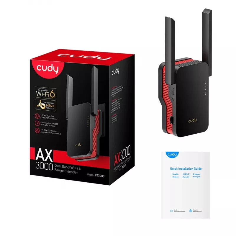 Wzmacniacz sygnału Wi‑Fi Cudy RE3000 2400–5000 MHz, 802.11ax/ac/n/g/b/a, Ethernet 100 Mbps, antena zewnętrzna, czarno-czerwony